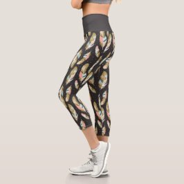 Leggings Capri Patrón de plumas de estilo boho