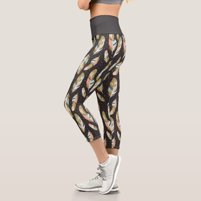 Leggings Capri Patrón de plumas de estilo boho (Izquierda)