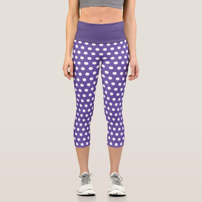 Leggings Capri Patrón de puntos de polka blanco violeta púrpura (Anverso)