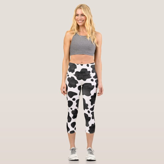 Leggings Capri Patrón de puntos de vaca Impresión de animales bla (Anverso)