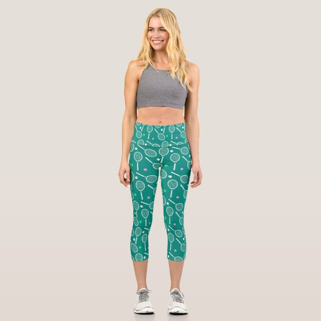 Leggings Capri Patrón de raqueta de tenis Verde (Anverso)