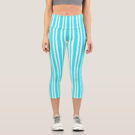 Leggings Capri Patrón de rayas blancas y azules