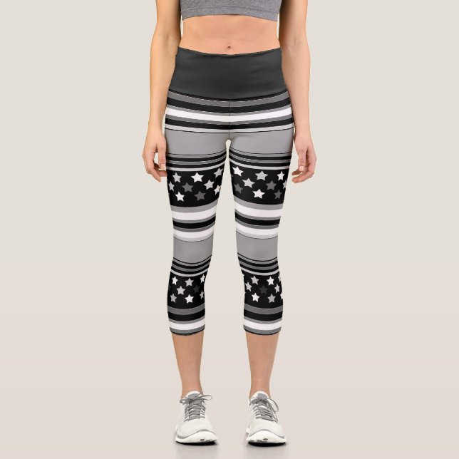 Leggings Capri Patrón de rayas horizontal con estrellas (Anverso)
