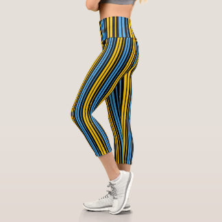 Leggings Capri Patrón de rayas verticales azules y amarillas sobr