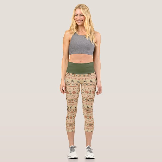 Leggings Capri Patrón de reno de suéter para los navidades (Anverso)