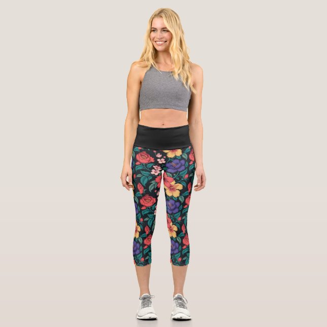 Leggings Capri Patrón de repetición de flores silvestres (Anverso)