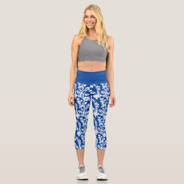 Leggings Capri Patrón De Repetición Floral Azul Y Blanco