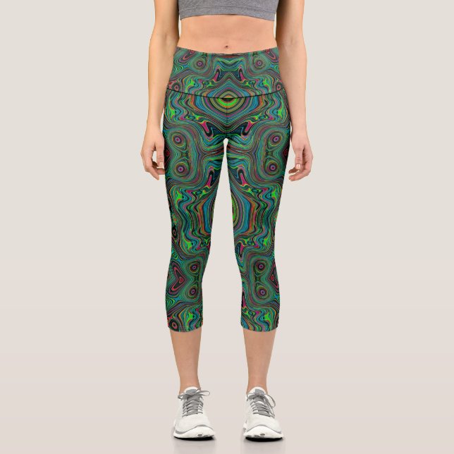 Leggings Capri Patrón de resumen trippy retro negro y verde limón (Anverso)