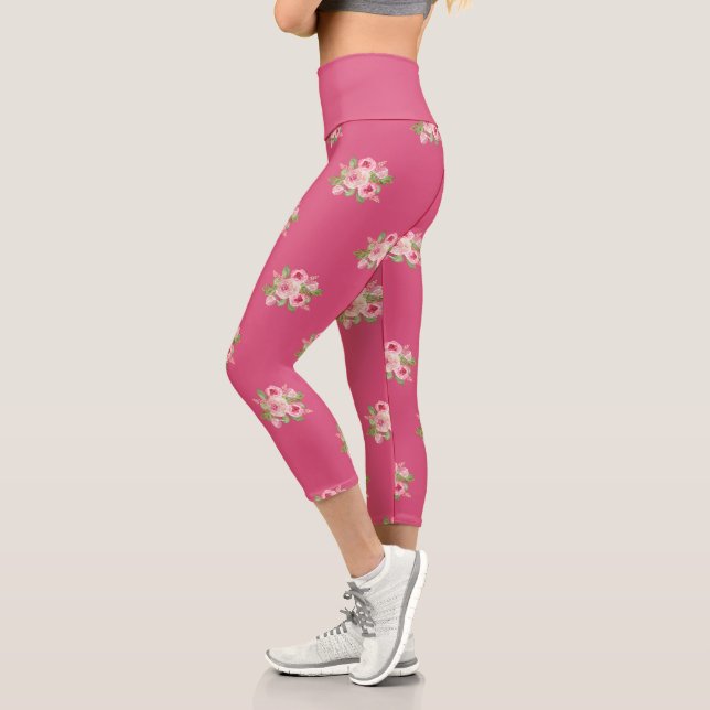 Leggings Capri Patrón de rosas rosadas (Izquierda)