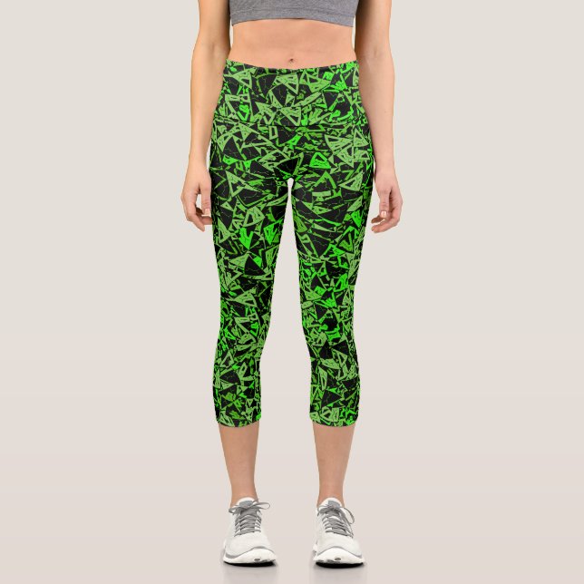 Leggings Capri Patrón de triángulo negro verde (Anverso)