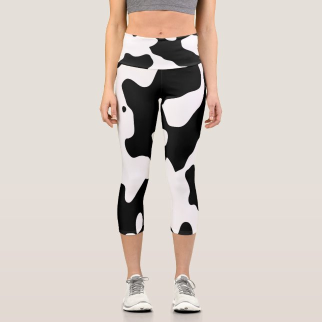 Leggings Capri Patrón de vaca negro y blanco (Anverso)