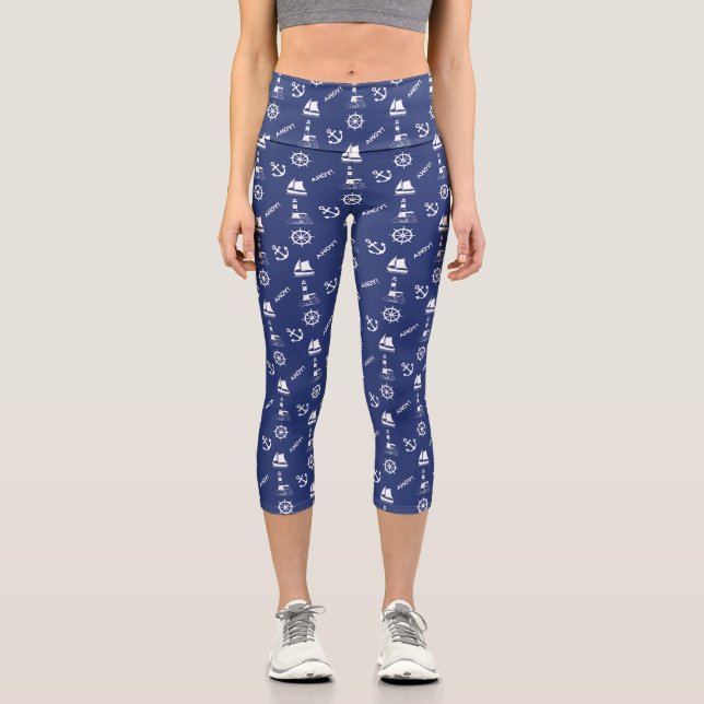 Leggings Capri Patrón de vela blanco sobre azul marino (Anverso)