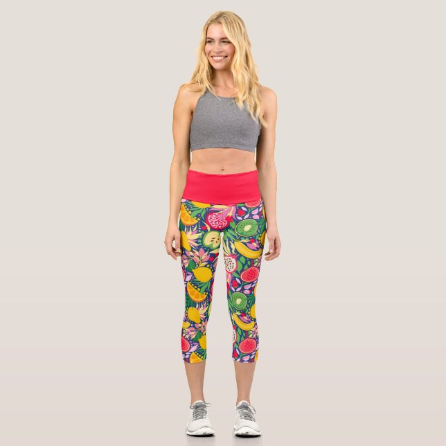 Leggings Capri Patrón de verano de acuarela de frutas tropicales (Anverso)