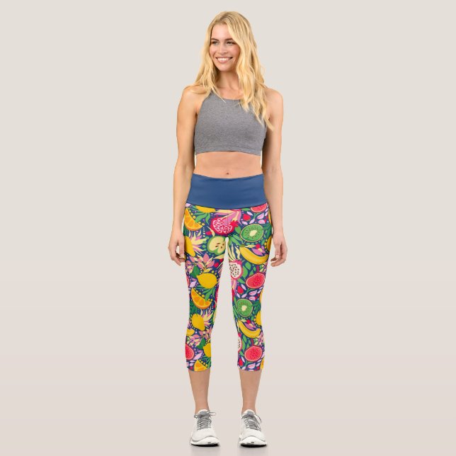 Leggings Capri Patrón de verano de acuarela de frutas tropicales (Anverso)