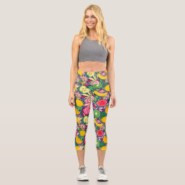 Leggings Capri Patrón de verano de acuarela de frutas tropicales