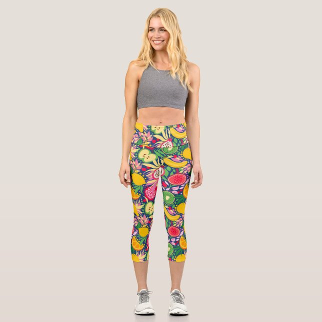 Leggings Capri Patrón de verano de acuarela de frutas tropicales (Anverso)