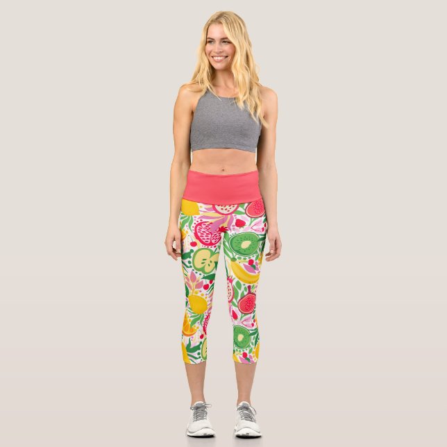 Leggings Capri Patrón de verano de acuarela de frutas tropicales (Anverso)