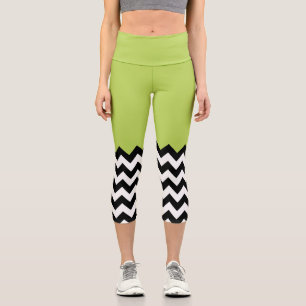 Leggings Capri Patrón de zigzag negro y blanco, chevron, verde