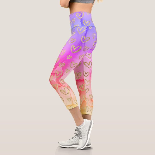 Leggings Capri Patrón divertido morado rosado amarillo dorado de  (Izquierda)