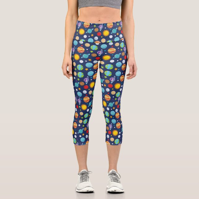 Leggings Capri Patrón espacial, planetas, estrellas, cosmos, gala (Anverso)