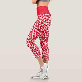 Leggings Capri Patrón Estrella Geométrica Blanco y Rojo