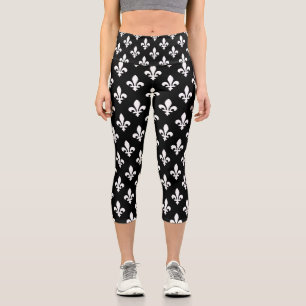 Leggings Capri Patrón Fleur de Lis, francés real, blanco sobre ne
