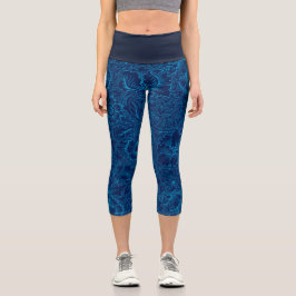 Leggings Capri Patrón floral azul de Damasco ornamental