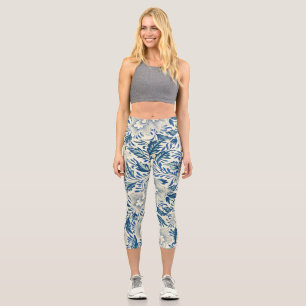 Leggings Capri Patrón floral azul Diseño antiguo asiático