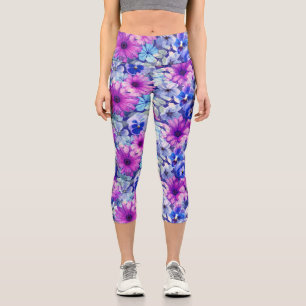 Leggings Capri Patrón floral azul magenta rosa