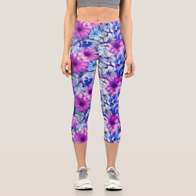 Leggings Capri Patrón floral azul magenta rosa (Anverso)