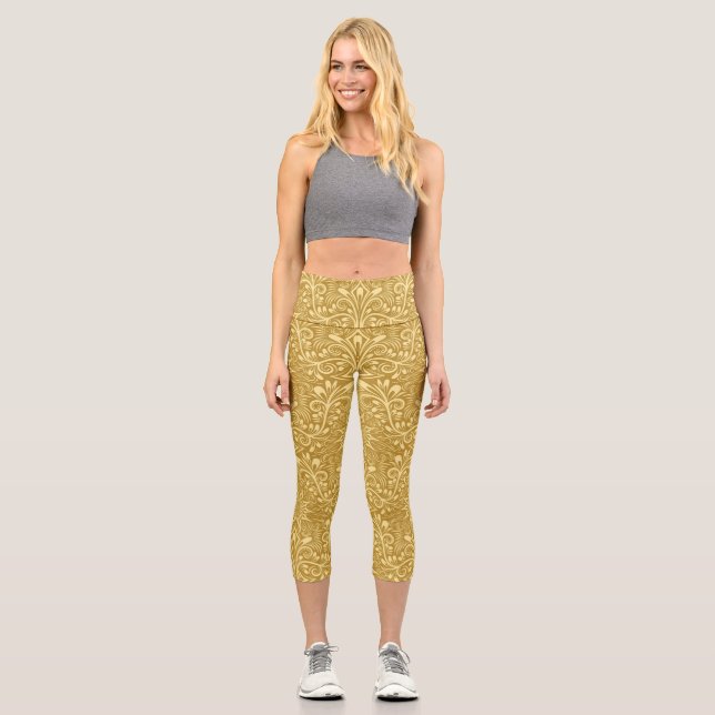 Leggings Capri Patrón floral barroco de Damasco dorado (Anverso)