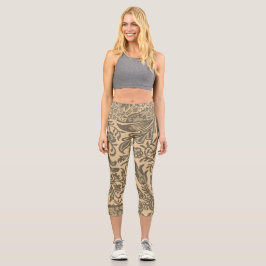 Leggings Capri Patrón Floral Botánico Sepia Antiguo