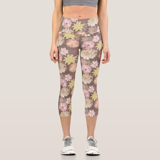 Leggings Capri Patrón floral de asfalto boho rústico (Anverso)