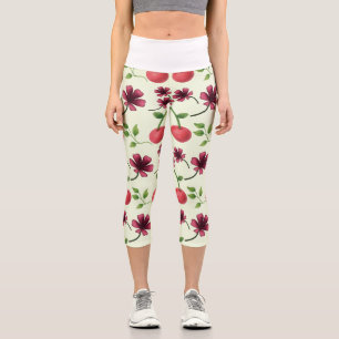 Leggings Capri Patrón floral de cereza roja
