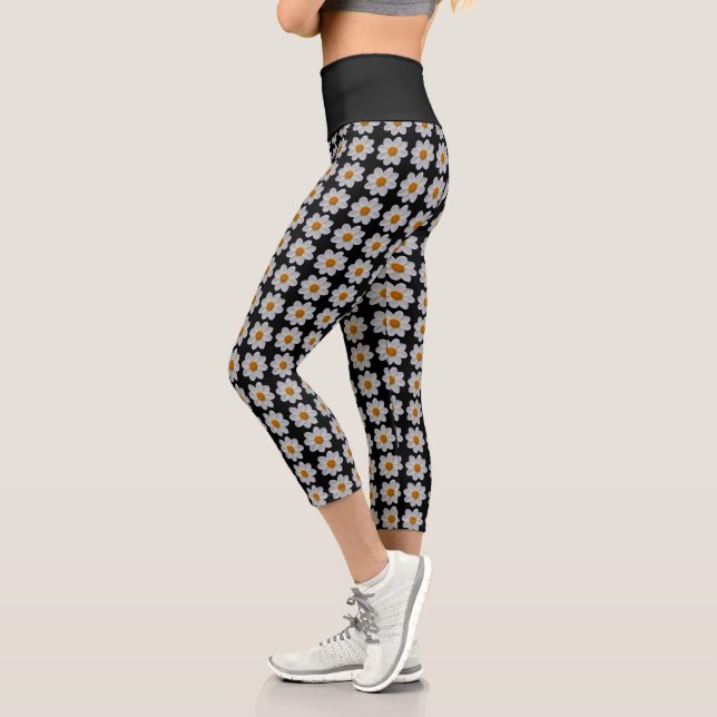 Leggings Capri Patrón floral de Dahlia blanca en negro (Izquierda)