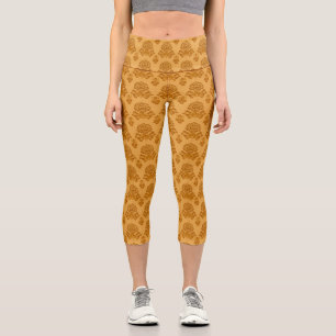 Leggings Capri Patrón Floral de Damasco Dorado
