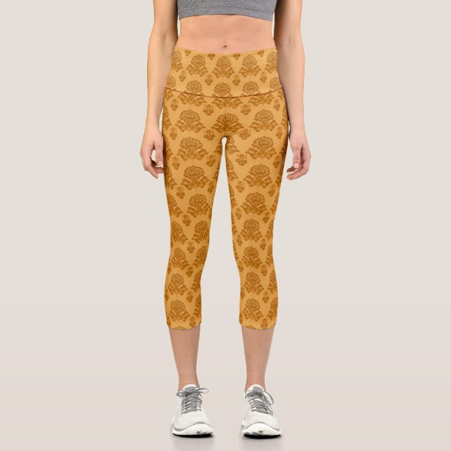 Leggings Capri Patrón Floral de Damasco Dorado (Anverso)