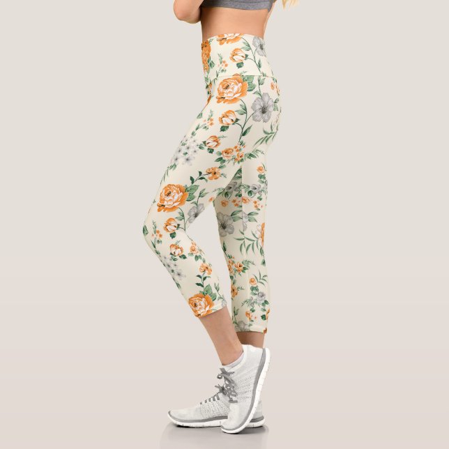 Leggings Capri Patrón floral de jardín amarillo suave (Izquierda)