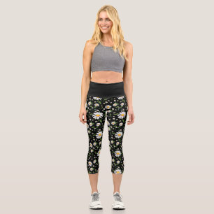 Leggings Capri Patrón floral de margarita y acuarela de abejas
