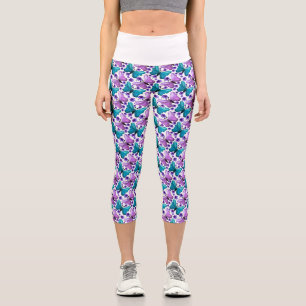 Leggings Capri Patrón floral de mariposa púrpura teal