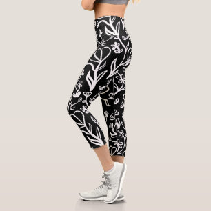 Leggings Capri Patrón floral en blanco sobre negro