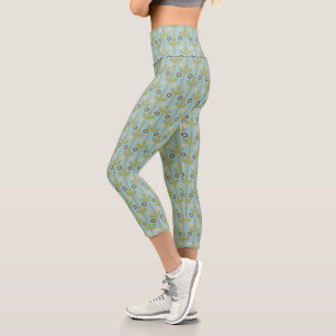 Leggings Capri Patrón floral folclórico retro verde y azul cúbico
