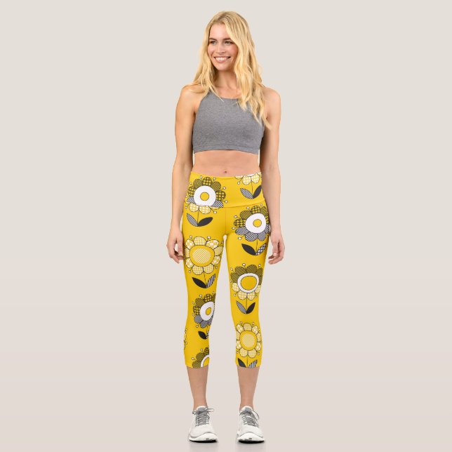 Leggings Capri Patrón floral folicular amarillo simple (Anverso)