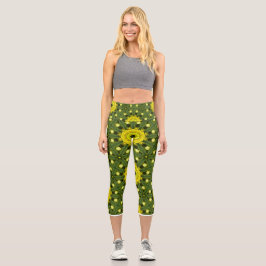 Leggings Capri Patrón floral Kaleidoscope Green Golden Sunburst