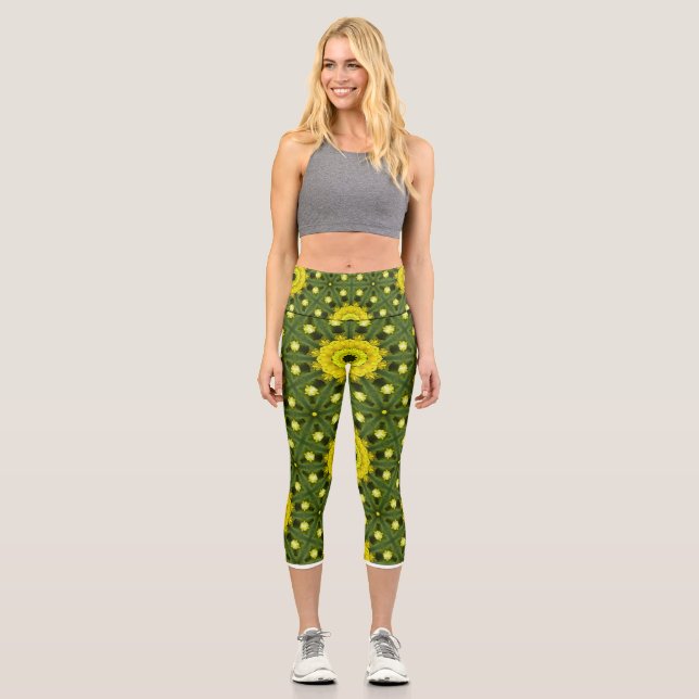 Leggings Capri Patrón floral Kaleidoscope Green Golden Sunburst (Anverso)