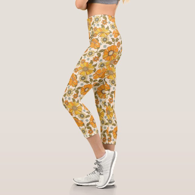 Leggings Capri Patrón floral retro Naranja vintage (Izquierda)
