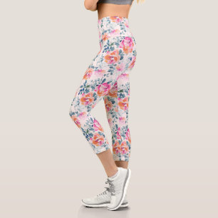 Leggings Capri Patrón floral rosa y Verde azulado