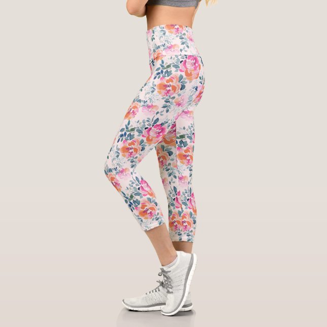 Leggings Capri Patrón floral rosa y Verde azulado (Izquierda)