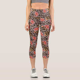 Leggings Capri Patrón floral rosado de gatos leopardo guepardo