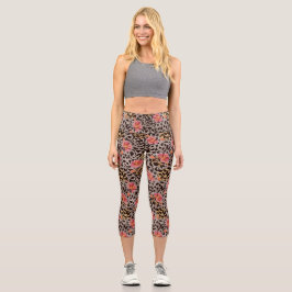 Leggings Capri Patrón floral rosado de gatos leopardo guepardo